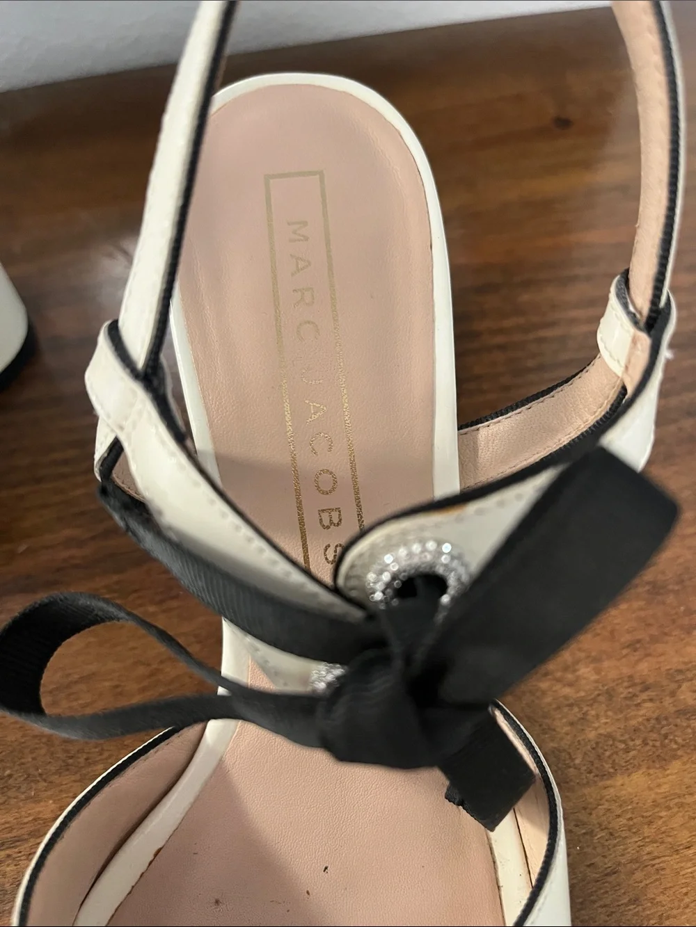 Marc Jacobs Cream Patent Slingback Sandals with Black Ribbon Bow